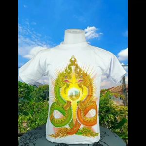 เสื้อยืดคอกลม ลายไทย สีขาว ลายพญานาคสีเขียว-สีทอง เนื้อผ้าคอตตอนแท้ 100% ใส่ได้ทั้งชายและหญิง