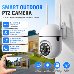 Home/Outdoor Surveillance Cam Two Way Audio Wireless SecurityPTZ Rotation Multi-mode Night Vision 24/7 Continuous Recording