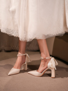 Womens French Satin Pearl Block Heel Pumps Pointed Toe Ankle Strap Bow Elegant Shoes Mary Jane Wedding Bridal Heels