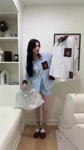 Ahalf - Two tone oversized shirt set เสื้อเชิ้ตคู่ขาสั้น stripe 2 tone ปัก logo