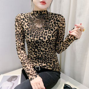 YIMEI 2024 new beautiful nail bead European elastic top retro leopard print mesh t-shirt womens slim fit high neck long sleeved printed base shirt trendy