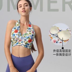 Integrated Fixed Cup Yoga Sports Bra Cross Strap Neck Hanging Fitness Backwear Breathable Moisture Wicking High Intensity Support