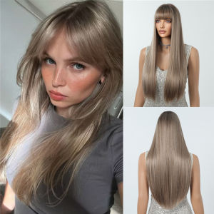 Ash Blonde Synthetic Wigs with Bangs Long Silk Straight Wigs Natural Looking Daily Party Wear Heat Resistant Fiber Realistic Wig