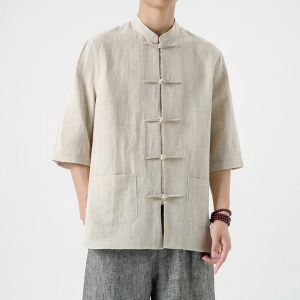 Áo Sơ Mi Nam Vải Lanh Mùa Hè Cổ Đứng Tay Lửng Thường Ngày Màu Trơn Phong Cách Trung Hoa Cổ Truyền Cài Nút Quần Áo Trà