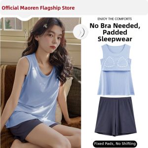 MiiOW | Cooling Ice Silk Bra Pad Sleeveless Solid Color Sleepwear Set