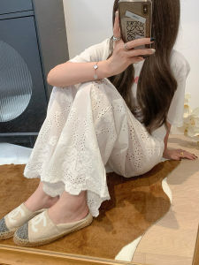 Cotton Embroider Hollow-out Hook Flower Retro White Pants Summer Thin Loose Straight-leg Loose Pants Mop Lining