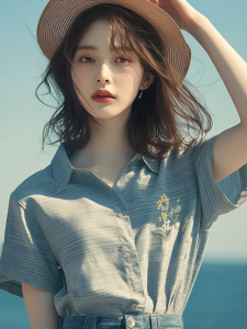 Áo Sơ Mi Nữ Họa Tiết Sọc Xanh Thêu Hoa Mùa Hè Thiết Kế Mới Độc Đáo Thanh Lịch Nhỏ Thời Trang Áo Cổ Polo Tay Ngắn