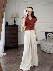 Laid-back Crepe Wide Leg Pants Airy Casual Samurai Pants High Waist Long Trousers Cotton Blend Nylon Fiber Thin Model