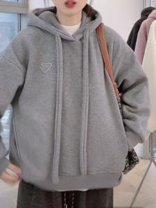 Korean Style Fleece Lined Thickened Hoodie plus Size Womens Autumn Winter New Fashion Loose Long Sleeve Top Commute