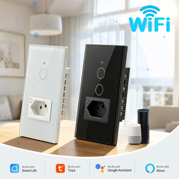 Tuya Brazil WiFi 1/2 Gang Switch Smart Touch Light Switch With Socket 110V 220V Smart Life APP Remote Control Alexa Google Home