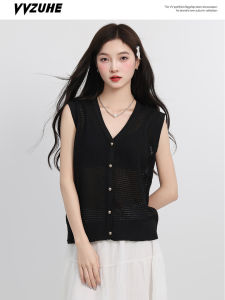 Áo Len Dệt Kim Màu Đen Thời Trang Cổ Chữ V Áo Khoác Cardigan Đa Năng Áo Lót Mùa Thu 2025 Áo Khoác Ngoài Phong Cách Công Sở Áo Lót Kiểu Chữ I