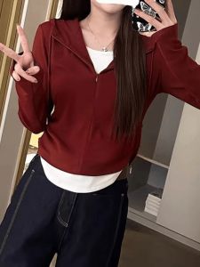 Pure Cotton Long Sleeve Hoodie Womens T-shirt Slimming Base Layer Shirt Korean Style Commute Fashion Autumn Season