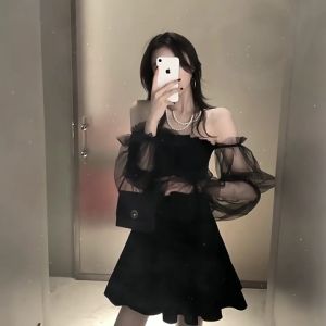 🌟CORE🌟dresses women new style 2025 Mesh Long Sleeve Dress Female Celebrity Temperament Thin Waist-in Mid Length Puffy Skirt Party Dress