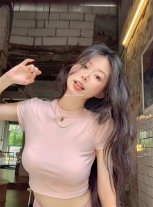 Korean Style Sweet Spicy Pink round Neck Short Sleeve Womens Basic Slim Fit T-Shirt Summer Fashion Trend Cotton Blend Short Length