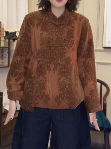 QINGNAER | Chinese Style Loose Fitting Embossed Long Sleeve Blouse