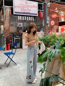 Small Figure Stylish Body Slimming Butterfly Hollowed Drill Design Jeans