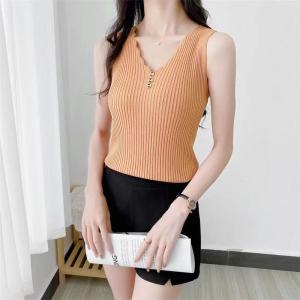 Ice Silk Sleeveless Vest Women Summer Outerwear Loose Korean Version Short V-Neck Knitted Base Shirt Top Button Style Commute