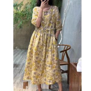 Retro Ramie Dress Womens Short-Sleeved Summer 2024 New Arrival Temperament Youthful-Looking Printed Waist-Controlled Slim Looking Linen Dress