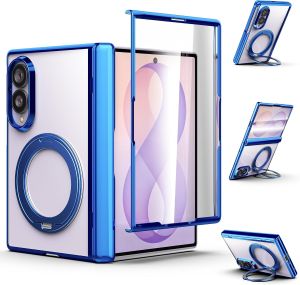 [MagSafe Compatible] 360° Ring Stand Case for Samsung Z Fold 8 Case Z Fold 8 Ultra Case with Glass Screen Protector [Hinge Protection] Plating Clear Hard PC Shell Shockproof Case for Galaxy Z Fold 7 Case