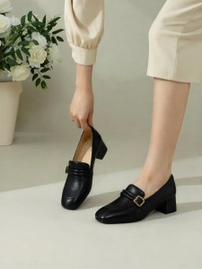 Giày Lười Đế Trung Bình Đầu Vuông Cho Phụ Nữ Thiết Kế Khóa Cài Da