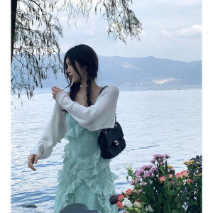 Lightweight Knitted Sun Protection Cardigan Women Summer Ice Silk Outerwear with Strap Vest French Style Small Cannon Shoulder