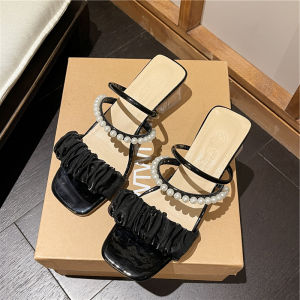 Two-Way Wear Summer New Fairy Style Thick Heel Anti-Slip Outdoor Crystal High Heel Sandals Womens Fashion Low Cut Slip-On Shoes