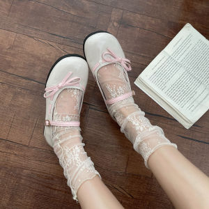 รองเท้าส้นกลางผูกโบว์ลายผีเสื้อสีบล็อกสำหรับผู้หญิง รองเท้าแฟชั่นสไตล์ฝรั่งเศส ทรงหัวมน พื้นยาง รองเท้าส้นกลางสำหรับผู้หญิง