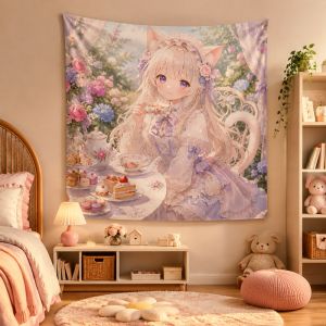 VIKAMA Dễ Thương Neko Girl Anime Tường Thảm Phong Cách Ngọt Ngào Polyester Treo Trang Trí Cho Teen Phòng Ký Túc Xá Chơi Game Phòng Khách