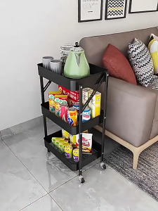 3 Tiers Metal Foldable Trolley Cart Organizer Kitchen Shelf Storage Bathroom Trolley Cart Organizer Storage Rack For Wheel
