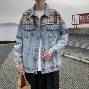 Casual Youthful Mens Denim Jacket Spring New Style Loose Handsome Splicing Korean Version INS Thin Outerwear Top