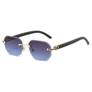 Hexagon Rimless Sunglasses Men Women Fashion Eyewear Wooden Texture Temple Simplify Square Sun Shades