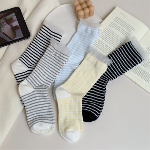 Tất Ống Giữa Mùa Xuân Hè Mỏng Viền Ren Kẻ Caro Cho Bé Gái Phong Cách Hàn Quốc Thường Ngày Đại Học JK Phong Cách Trẻ Trung