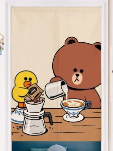 Cartoon Brown Bear Punch-Free Fabric Curtain Bedroom Kitchen Partition Curtain Milk Tea and Coffee Cotton Linen Shade Curtain Door Curtain