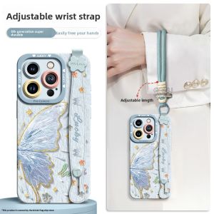 GGUU | iPhone 16 Pro Max Case with Butterfly Wristband High-end Hang Rope 15 Degree Tilt Stand and Shoulder Strap