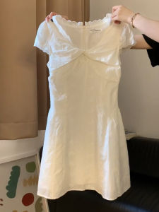 LIRENQING | Đầm A-Line Vòng Cổ V Ren Trắng Phong Cách Pháp Elegance