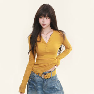 Áo Thun Dài Tay Cổ Chữ V Màu Trơn Thiết Kế Kiểu Pháp Cho Nữ Mùa Thu 2025 Áo Thun Nữ Dáng Ôm Vừa Vặn Thời Trang Thường Ngày