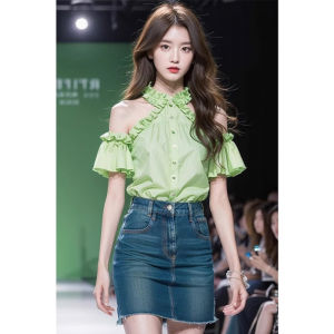 Summer Dopamine Wear Light Green off-the-Shoulder Shirt 2024 New Design Sense Younger off-the-Shoulder Tops Women