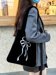 Casselini Velvet Embroidered Butterfly Knot Large Capacity Single Shoulder Tote Bag Womens Fashion Trend Korean Style Casual Handbag