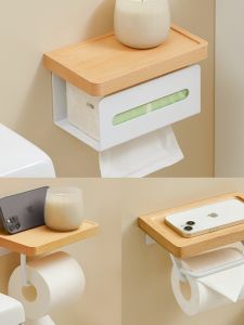 Solid Wood Toilet Roll Paper Storage Rack Punch-Free Tissue Rack Bathroom Wall-Mounted Paper Extraction Box Toilet Log Style