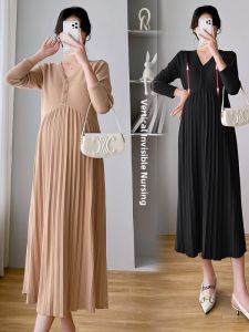 R Nuan | Breastfeeding Maternity Dress for Autumn Spring Fashionable Pleated Design