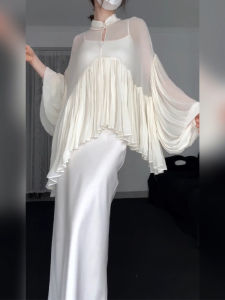 Xinzhengyan Nữ Ôm Vừa Vặn Chân Váy Midi Bộ Hai Mảnh Lớn Vải Tuyn Xoáy Cổ Đứng Áo Đầy Không Khí Câu Chuyện Cổ Tích