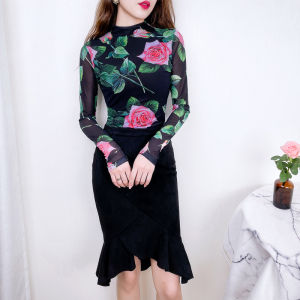 Áo Thun Nữ Cổ Cao in Họa Tiết Hoa Lưới Ôm Vừa Vặn Dài Tay Mùa Thu Phong Cách Hàn Quốc Thường Ngày