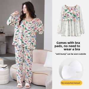 MiiOW | Pure Cotton Summer Long Sleeve Sleepwear Womens Home Clothes Set With Chest Pad Cat Person Sweet Cute Style Comfortable Fit