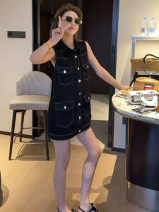 French Vintage Polo Collar Sleeveless Denim Dress Mid-Length Summer New Loose Fashionable Womens Skirt High Waist A-Line Skirt