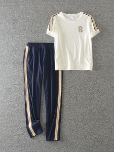 Ice Silk Quick Dry Breathable round Neck Nine Points Pants Two Piece Set Womens Summer Casual Sports Wear Thin Style Suit