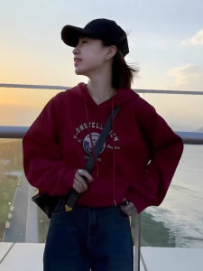 เสื้อฮู้ดสีแดงแขนยาวทรงหลวมสไตล์เกาหลีสำหรับผู้หญิงในฤดูใบไม้ผลิและฤดูใบไม้ร่วง เสื้อผ้าทำงานลำลองสำหรับผู้หญิงไซส์เล็ก