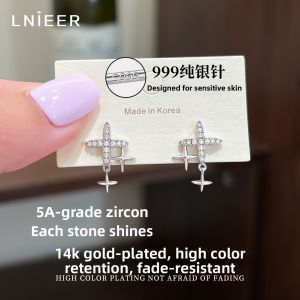 Lnieer | Sparkling Diamond Delicate Simple Earrings 999 Pure Silver Four Point Star