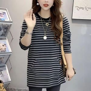 Womens Loose Style Long Sleeve Striped T-Shirt Mid-Length Inner Wear Unique Top for Early Autumn Travel And Daily Use