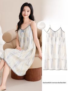 MiiOW | ชุดนอนผู้หญิง MiiOW ฤดูร้อน 2025 ชุดนอนยาวแขนกุดแบบบาง ผ้าโพลีเอสเตอร์ 100% ทรงหลวม สไตล์ลำลอง ชุดนอนสบายๆ