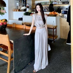 GUZILIAN | Luxurious French Style Tie Back Sleeveless Vest Top Womens Outerwear Two-Piece Set Casual High Waist Draped Straight Leg Pants